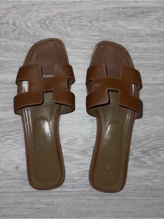 Hermes Shoes - Hermes Brown Oran Leather Slide Sandals